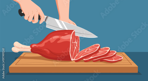 Human hands using a sharp chef knife to slice a large cooked ham into several portions on a wooden cutting board.