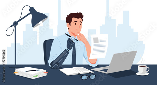 Productive man with a prosthetic arm working at his office desk with a laptop, documents, and a cup of hot coffee.