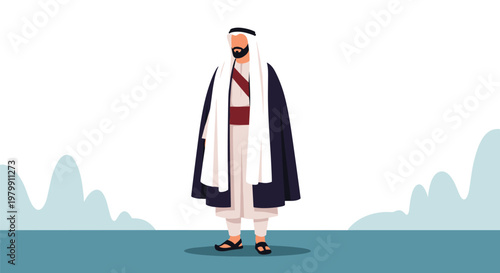 Man wearing traditional Arab clothing including a dark robe and white headscarf standing against a simple landscape background.