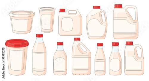 Large set of various white plastic dairy containers like bottles, jugs, and tubs with red caps for milk or yogurt.