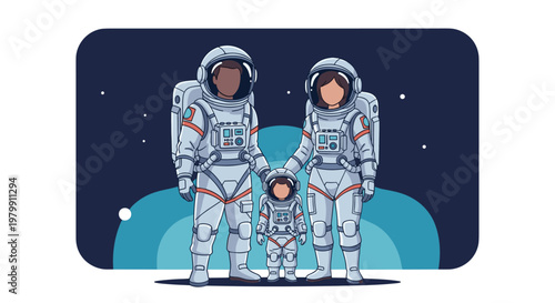 Happy family of three astronauts including a child standing together in space suits against a dark starry background.