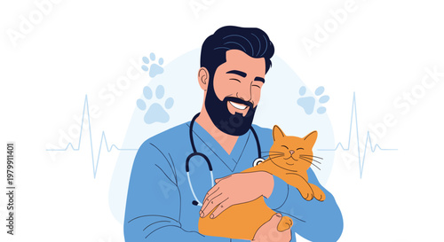 Cheerful male veterinarian in blue uniform holding and hugging a cute ginger cat in a veterinary clinic office.