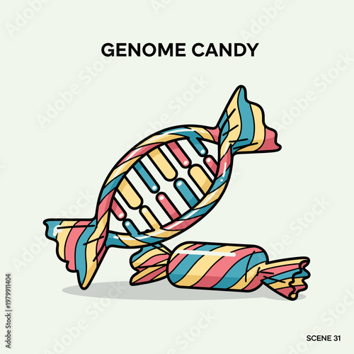 A colorful illustration depicting a DNA double helix shaped like an unwrapped candy, alongside a smaller wrapped candy, with the text 'GENOME CANDY'.