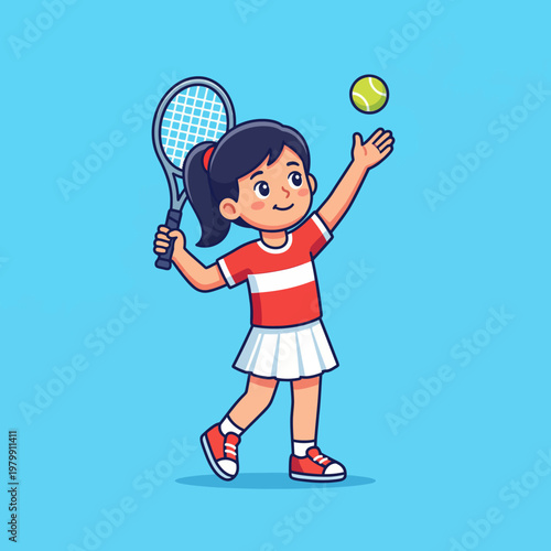 Little girl playing tennis with racket.