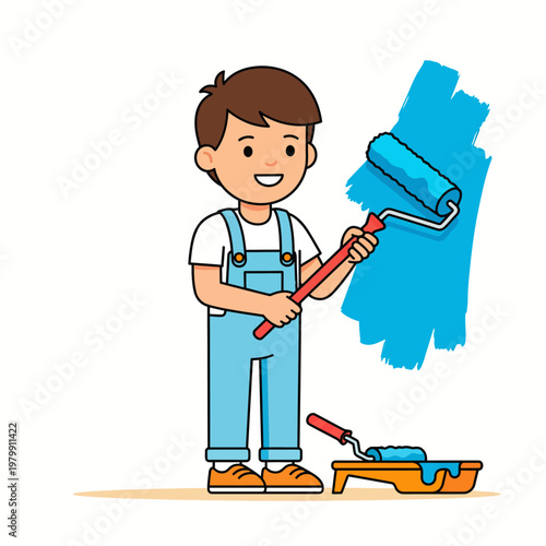 Young Boy Holding Paint Roller Tool.