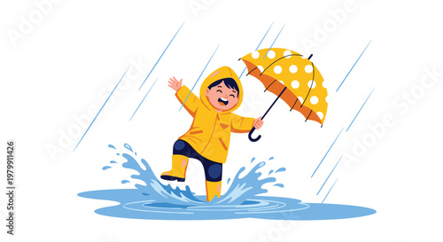 Cheerful little boy in a bright yellow raincoat and boots jumping in a puddle with an umbrella during rainy weather.
