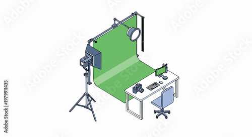 Isometric Illustration of a Professional Video Production Studio Setup with Green Screen, DSLR Camera, Lighting Equipment, and Computer Workstation for Content Creators