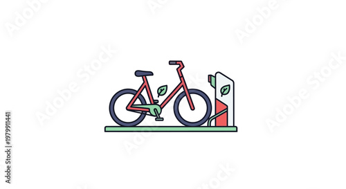 Red bicycle at charging station dock.