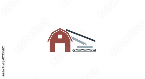 Red barn with construction tools nearby.