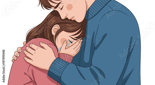 Loving man embracing and comforting a crying woman to provide emotional support and care during difficult times.