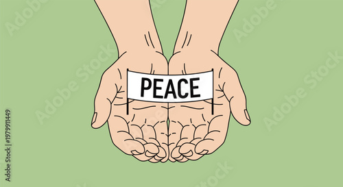 Symmetry of two hands carefully holding a white banner with the word peace written in black on a soft green background.