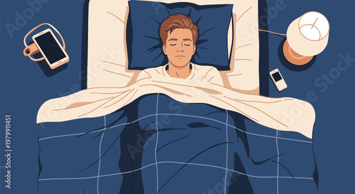 Healthy young man sleeping peacefully in bed with a blue blanket and pillows at night for rest and wellness concept.