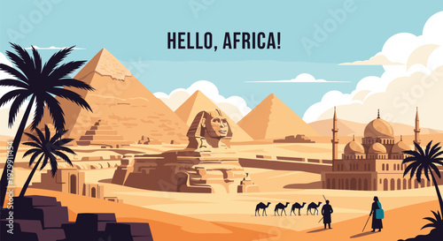 Stunning panoramic landscape of ancient Egyptian pyramids and the Great Sphinx in a desert with camels and travelers.