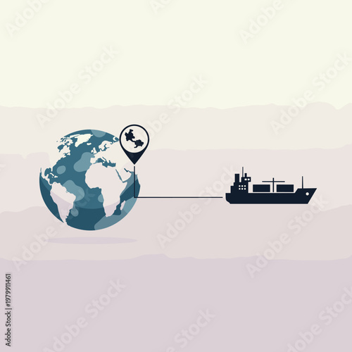 Illustration of global shipping and logistics with a cargo ship connected to a world map location.