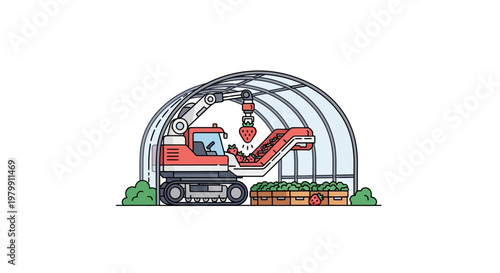 Red excavator in a greenhouse tunnel.