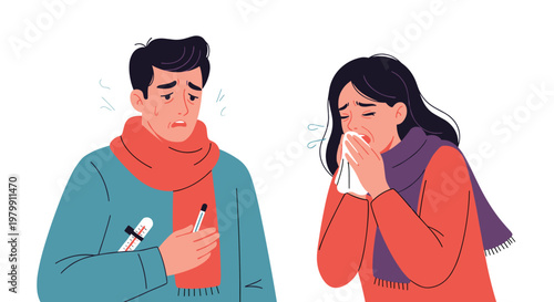 Unhappy couple suffering from cold and flu symptoms with man holding thermometer and woman sneezing into a tissue.