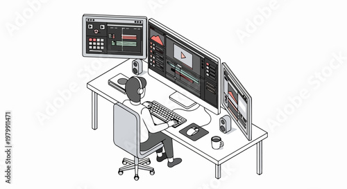 Isometric Illustration of a Professional Video Editor Working at a Triple Monitor Desk Setup for Digital Content Creation and Post-Production