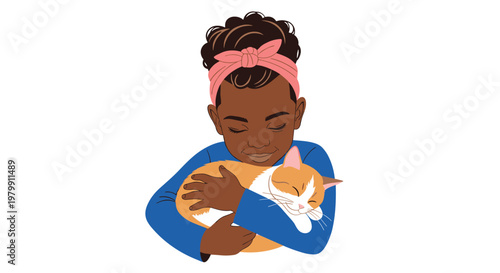 Adorable little black girl with a pink headband hugging her ginger and white cat with pure love and affection.