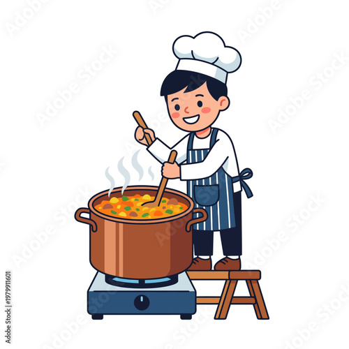 Cartoon chef cooking in kitchen.