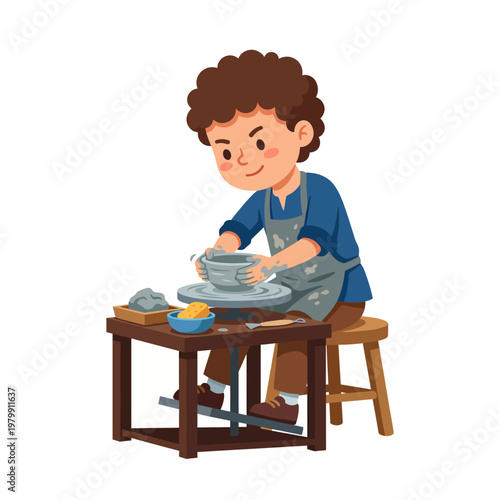 Boy working on pottery wheel craft.
