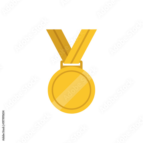 Simple flat design illustration of a shiny gold medal with a golden ribbon, symbolizing victory and achievement.