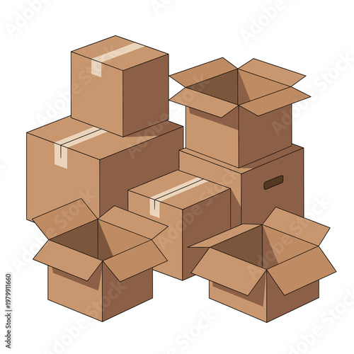 A collection of various cardboard boxes, some open and some closed, stacked together in a disorganized manner.