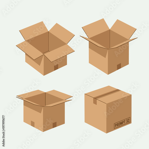 Four isometric cardboard boxes, some open and one closed, ready for shipping or storage.