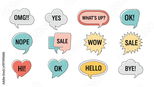Comprehensive collection of diverse speech bubbles and thought clouds containing various common phrases and exclamations, suitable for communication designs.