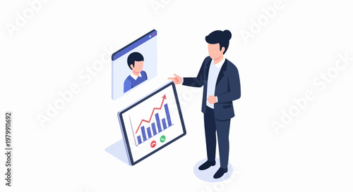 Isometric Business Presentation and Online Meeting with Professional Woman Presenting Growth Charts and Data Analysis via Video Conference