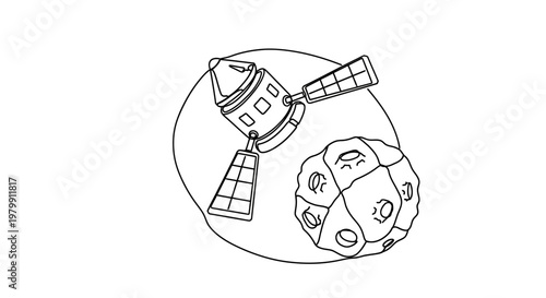 Satellite and Asteroid in Space - Outline Illustration