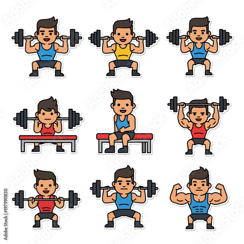 Fitness Man Workout Set: Weightlifting, Squats, Bicep Curls, Bench Press - Vector Icons