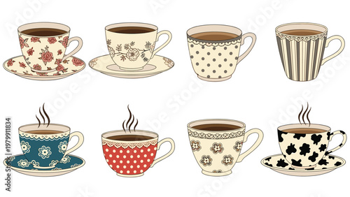 Elegant collection of diverse vintage teacups and saucers adorned with intricate patterns, perfect for a cozy tea party or classic kitchen decor.