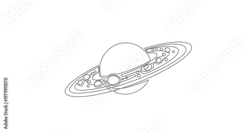 Saturn planet outline, rings and moons, vector illustration, white background