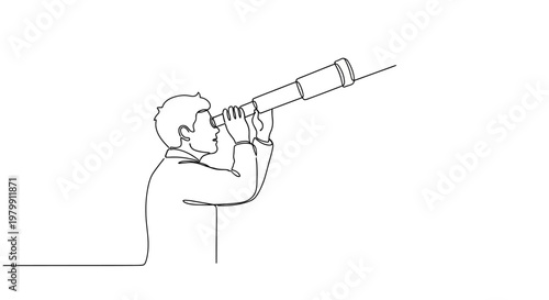 Man looking through telescope, searching for opportunities, future vision, business concept, continuous line art