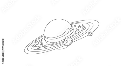 Saturn planet with rings and moons, line art illustration, minimalist cosmic drawing