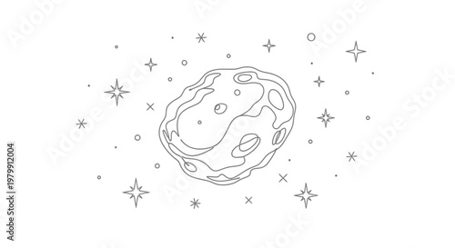 Hand-drawn asteroid with stars in outer space, simple line art illustration