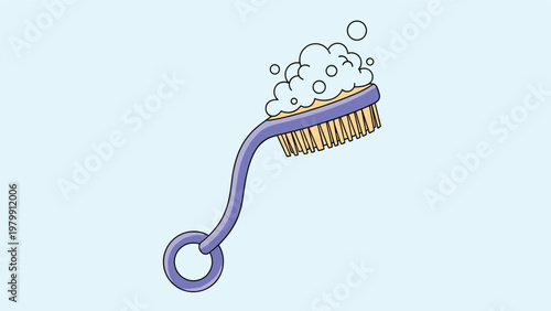Ergonomic bath brush with a long handle and soft bristles, topped with fluffy white foam, symbolizing hygiene, self-care, and relaxation.