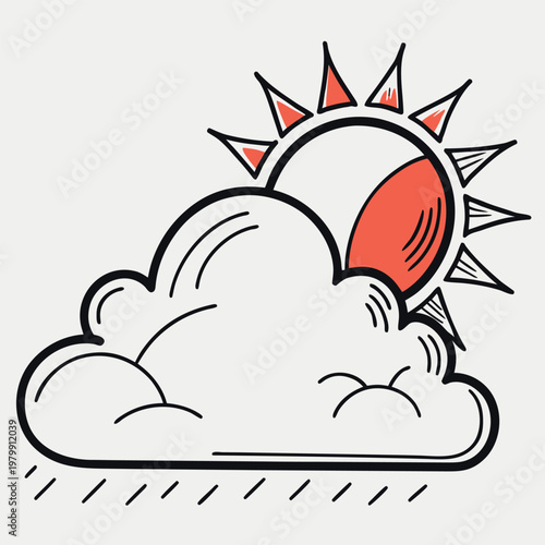 A stylized illustration depicts the sun partially hidden by a large, puffy cloud, with red accents on the sun's rays and the rain streaks, symbolizing a dynamic weather pattern.