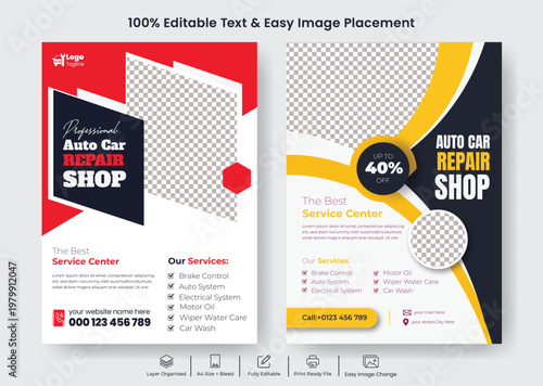 Modern car wash flyer poster template design with clean layout, bold typography, editable vector A4 print ready format for auto service, vehicle maintenance, garage promotion and business marketing