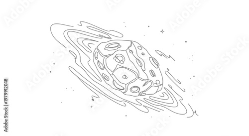 Hand-drawn asteroid in space with swirling cosmic dust and stars, outline illustration