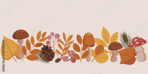 Autumn forest set with natural elements, fall leaves and mushrooms, rowan berries and pine cones border illustration.