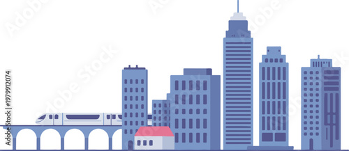 Modern city skyline with skyscrapers and monorail, futuristic urban landscape, train passing through buildings illustration.