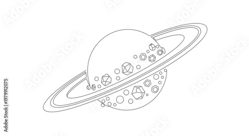 Stylized Saturn-like planet with rings and asteroid belt illustration