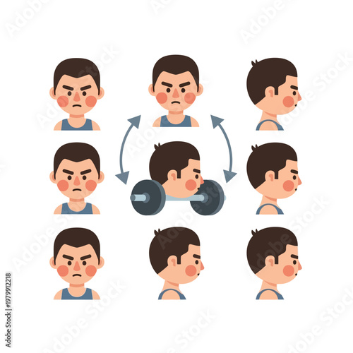 Man's Face Expressions and Bodybuilding Workout - Front and Side Views