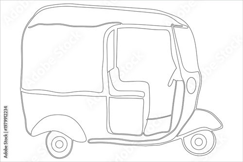 A classic three-wheeled auto rickshaw vehicle drawing with an open passenger compartment
