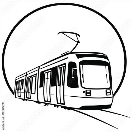 Modern tram vehicle traveling on railway tracks within a circular boundary
