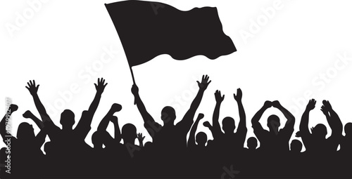 Silhouette of a crowd of people with one holding a flag