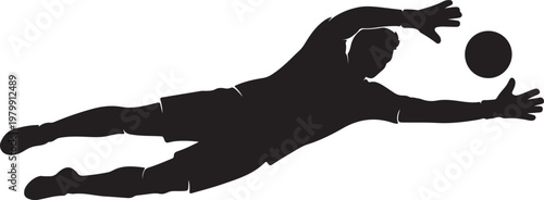 Black silhouette of a man diving to catch a ball