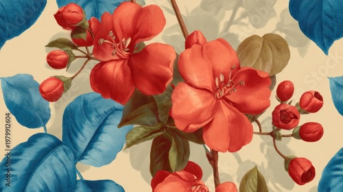 Vibrant red blossoms and contrasting blue foliage create a detailed botanical pattern against a pale background.