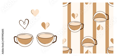 Coffee cup and heart seamless pattern brown striped cute beverage background design.